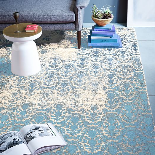 Distressed Damask Wool Rug Blue Lagoon west elm