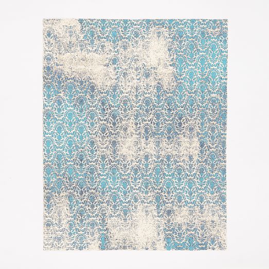 Distressed Damask Wool Rug Blue Lagoon west elm