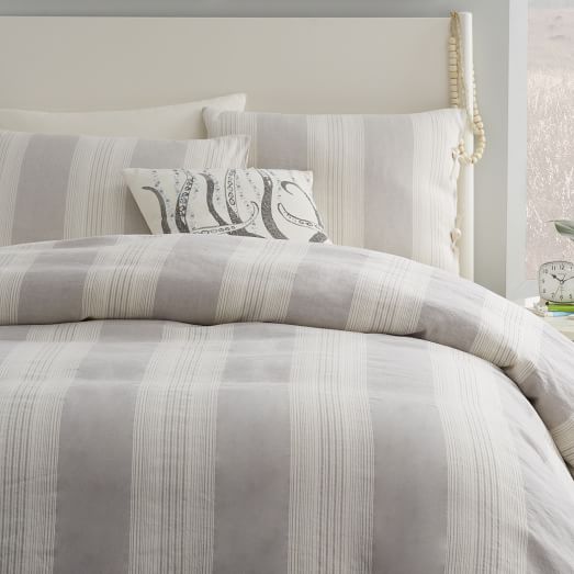 Coastal Stripe Duvet Cover, Full/Queen, Frost Gray west elm