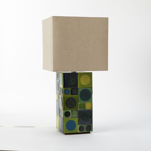 Lubna Chowdhary Table Lamp , Cfl - Dots, Green/Natural Linen, Large
