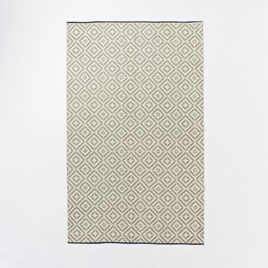 Square Tile Block-Printed Cotton Dhurrie, 3'x5', Platinum
